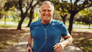 A smiling older adult man running in the park with earphones on.